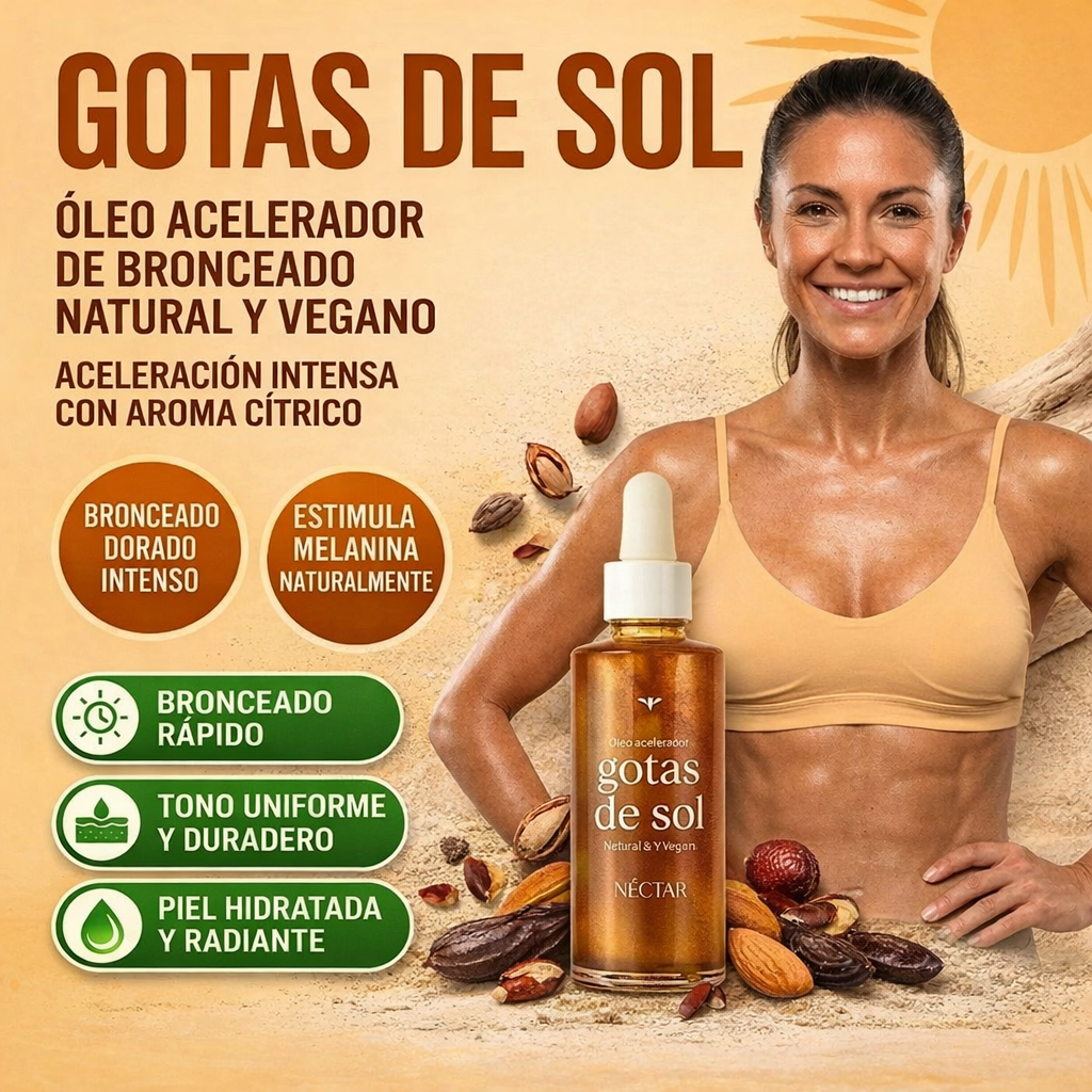 Óleo Corporal Gotas de Sol | Bronceado Dorado e Intenso | Nutrición Profunda y Brillo Natural | Piel Radiante Bajo el Sol